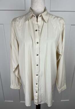 Vintage Deborah Murray 100% Silk Western Shirt M Ivory Pearl Snap Made Canada